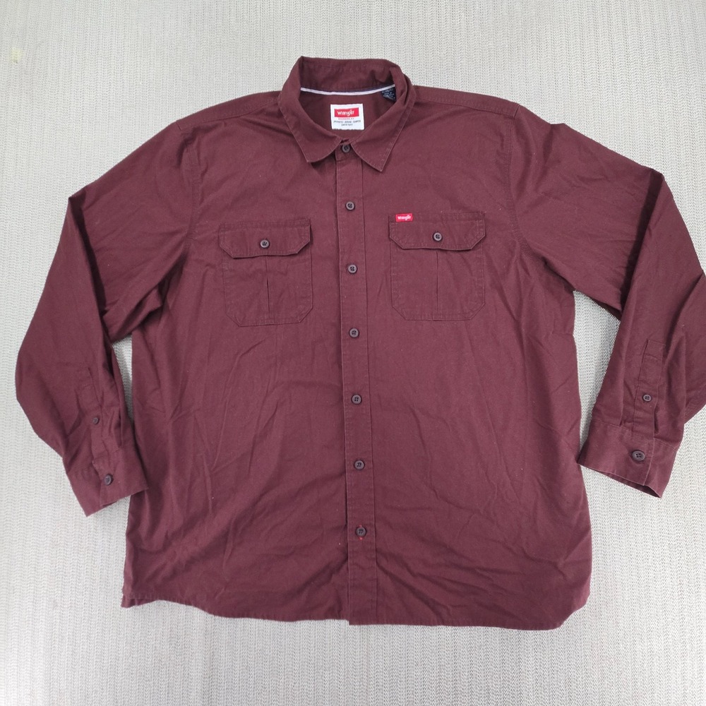 Wrangler Shirt Mens XL Red Maroon Flap Pockets Long Sleeve Button Up Outdoor